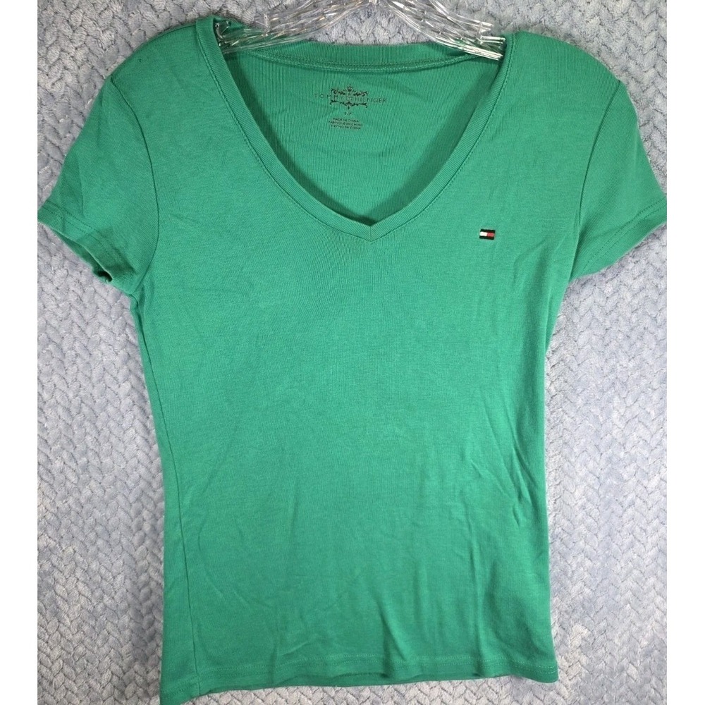 Tommy Hilfiger Green T-Shirt Women's Size S Short Sleeve V-Neck Top‎ with Logo